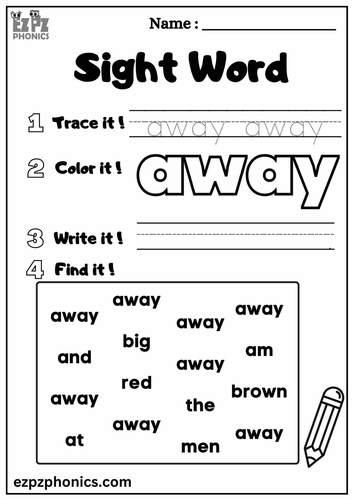 The "Away" Sight Word Worksheet for Pre-Kindergarten Students Dolch Sight Words Free PDF Download